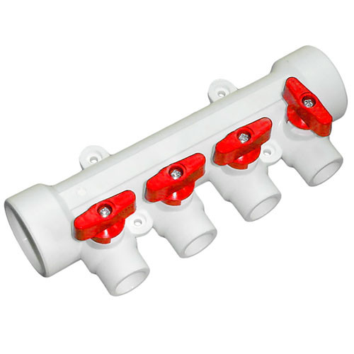 Коллектор полипропиленовый с кранами 32 мм на 4 выхода (красные ручки) Millenium