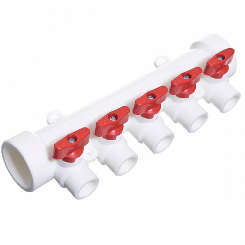 Коллектор полипропиленовый с кранами 32 мм на 5 выходов (красные ручки) Millenium